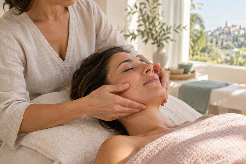 Massage du visage inspiré du Kobido dans un cabinet lumineux à Mougins