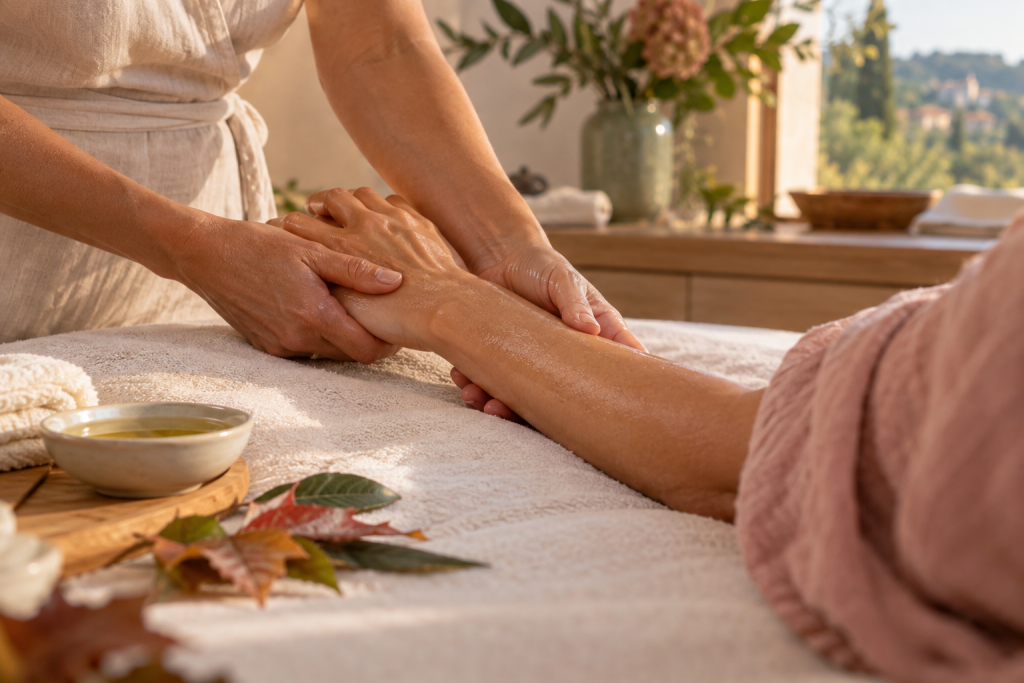 Massage doux des mains et des avant-bras dans une cabine lumineuse aux couleurs de saison