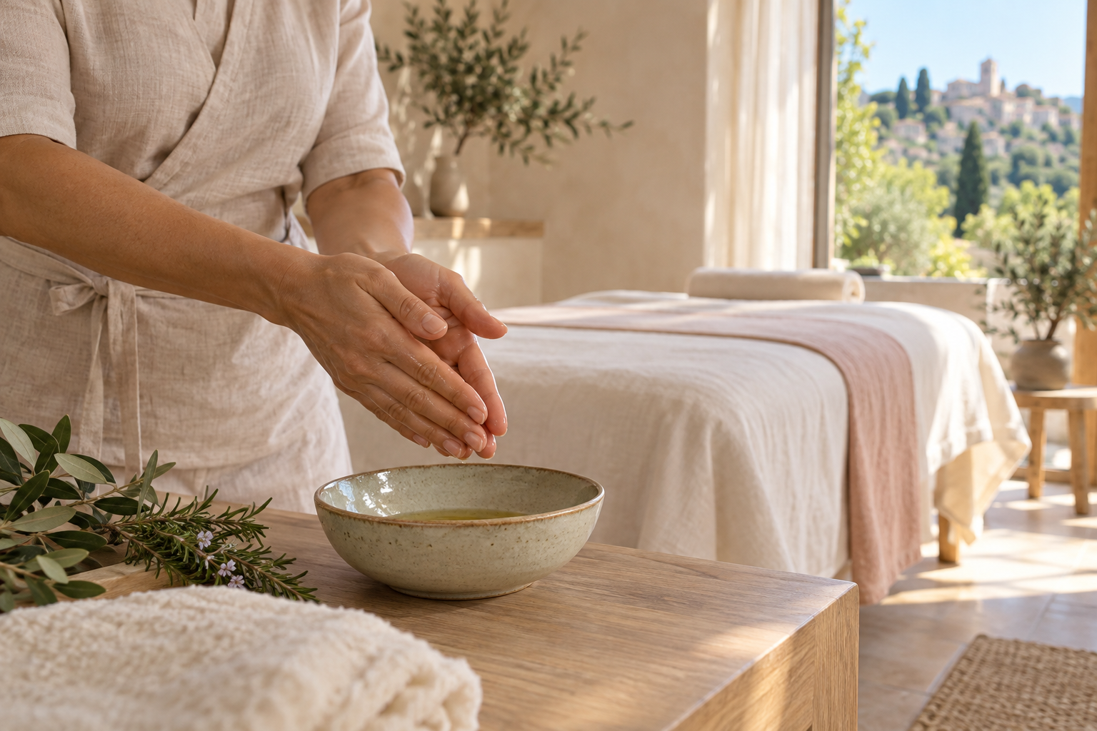 Préparation d’un massage aux huiles dans un cabinet lumineux à Mougins-le-Haut