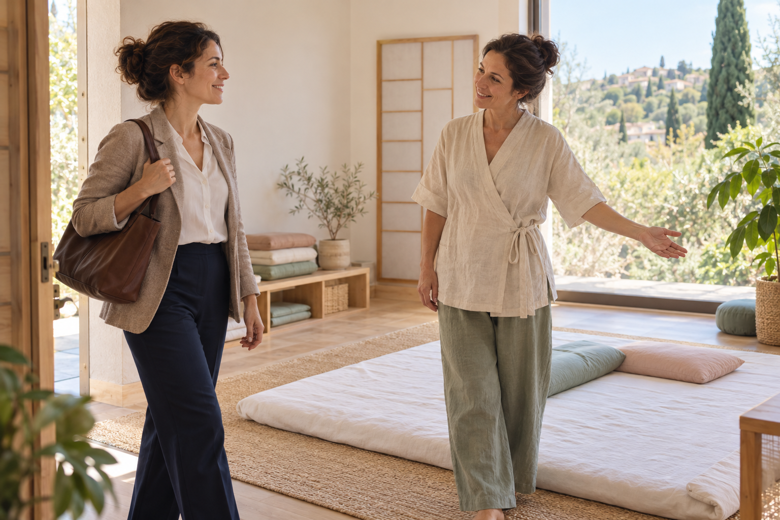 Accueil d’une cadre avant une séance de Shiatsu dans un studio lumineux à Mougins près de Sophia Antipolis
