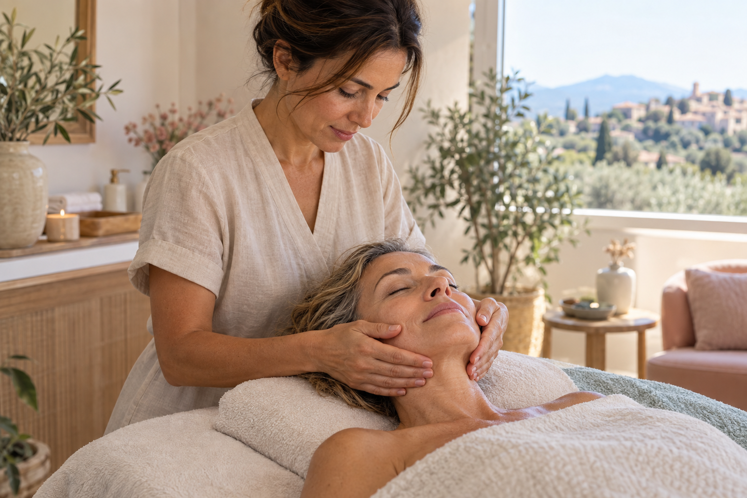 Massage facial manuel dans un cabinet lumineux à Mougins près de Cannes